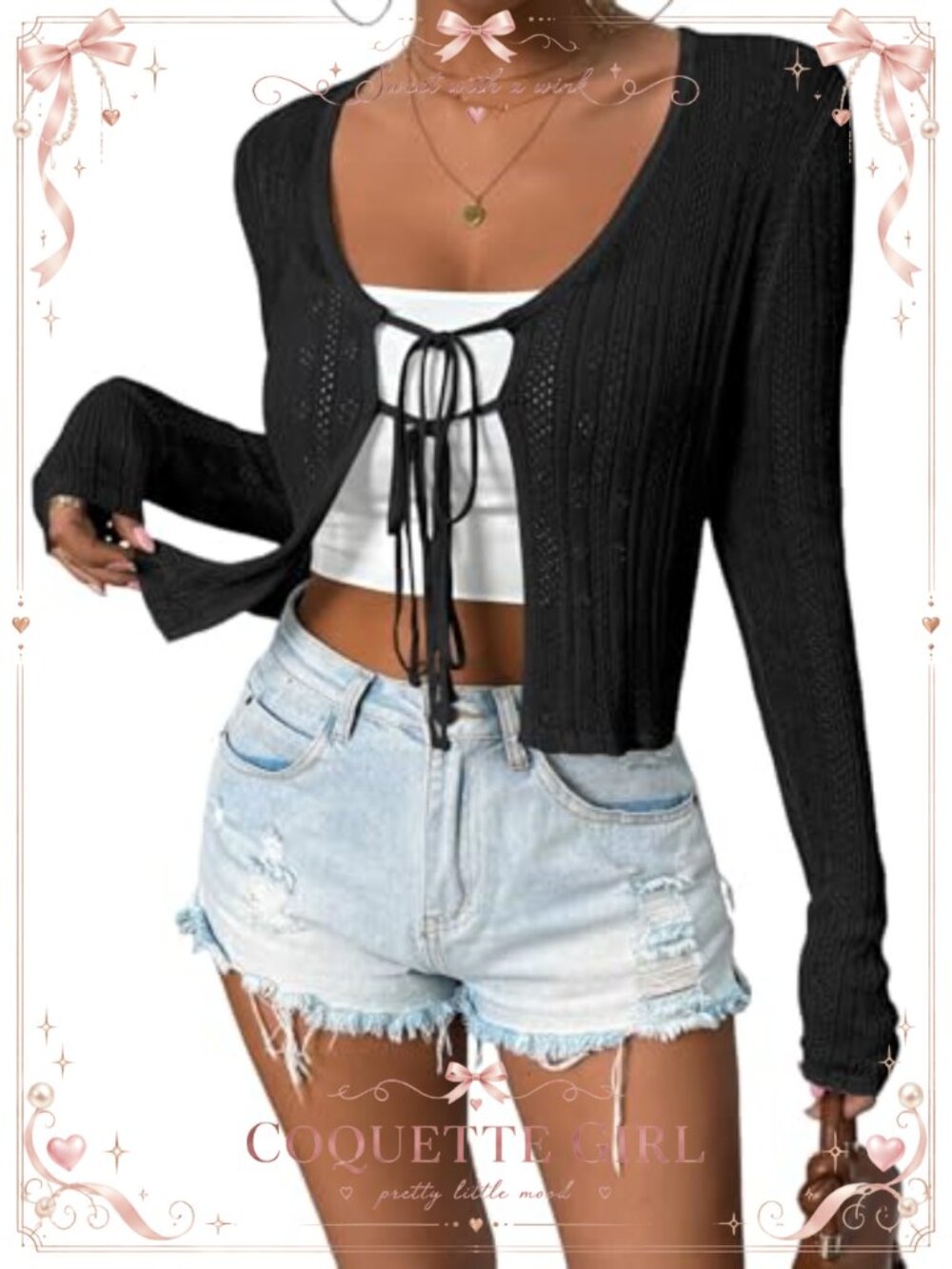 Tie Front Open Knit Floral Shrug Bolero Cropped Cardigan